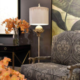 Putty Patina and Silver Leaf Trellis Floor Lamp with Hand-Painted Cylinder Shade