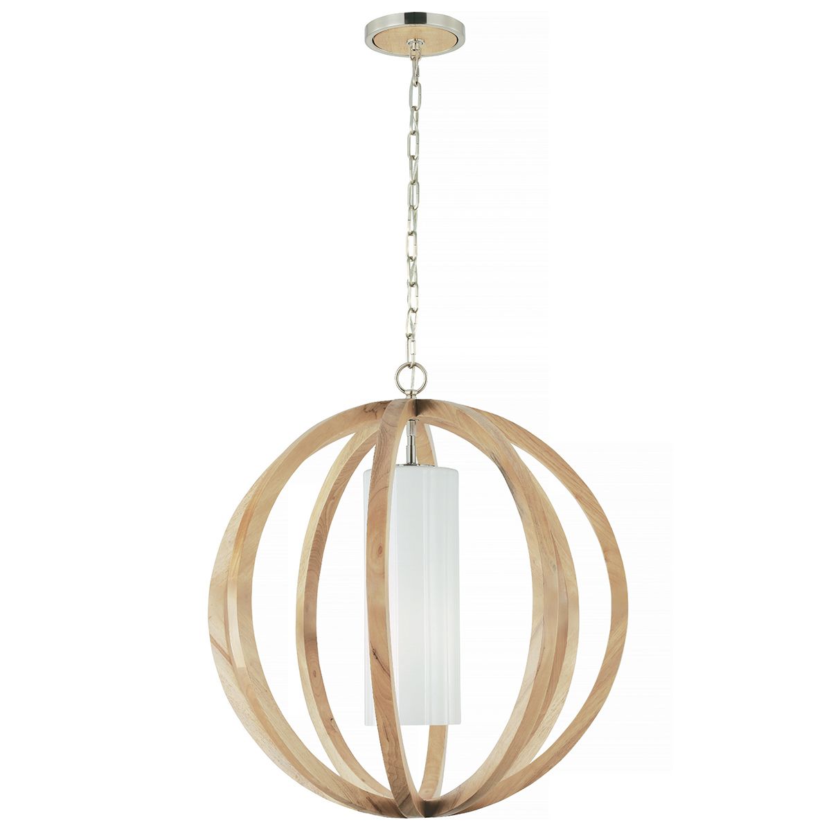 Contemporary Light Oak Pendant with Opal Glass Globe