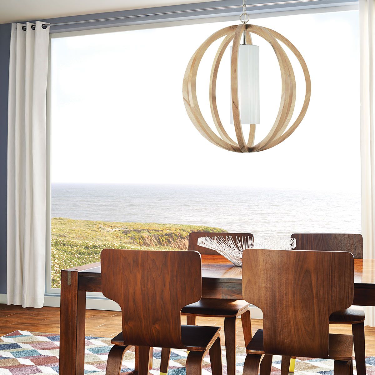 Contemporary Light Oak Pendant with Opal Glass Globe