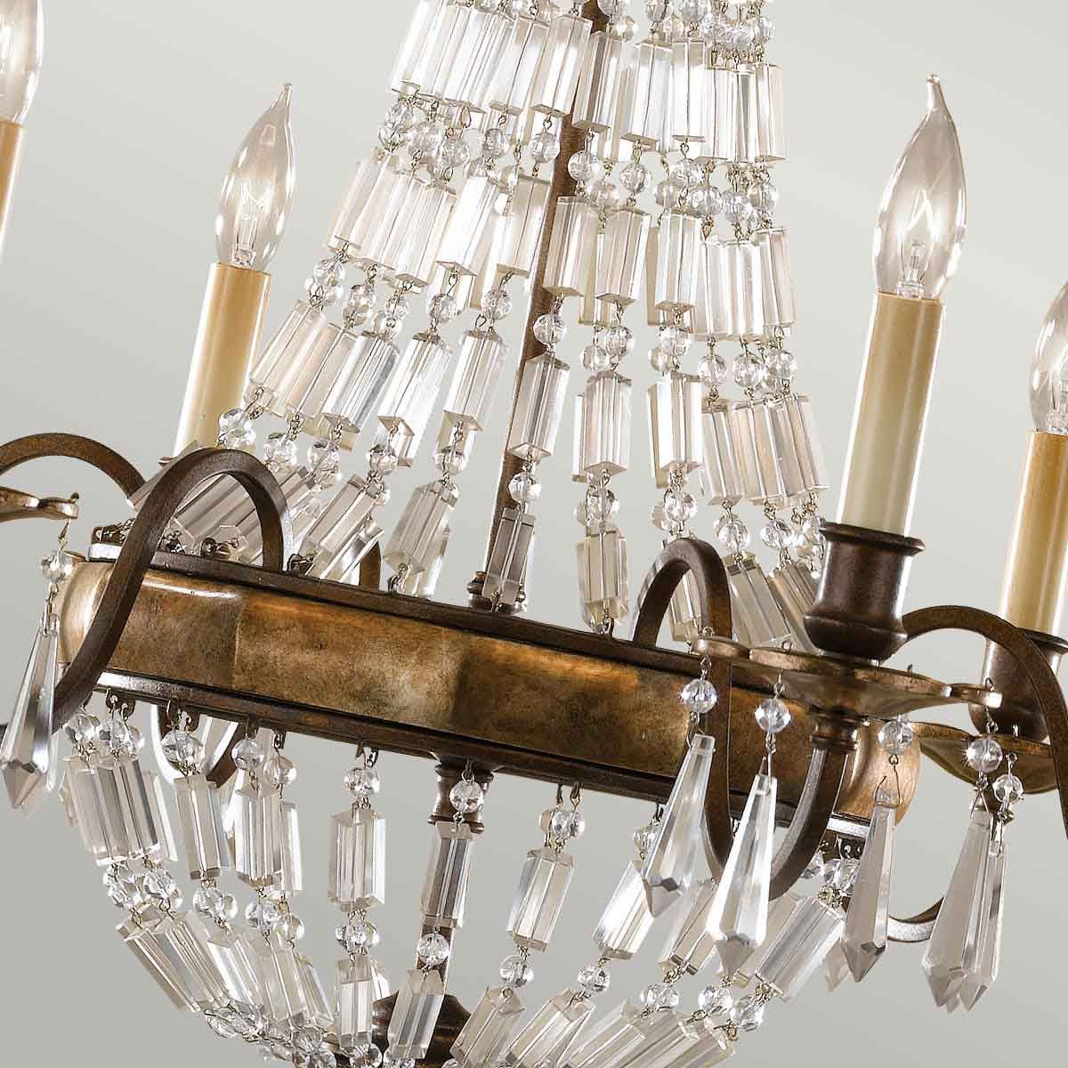 Vintage French-Inspired 6-Light Chandelier in Rustic Bronze with Quartz Crystal Accents