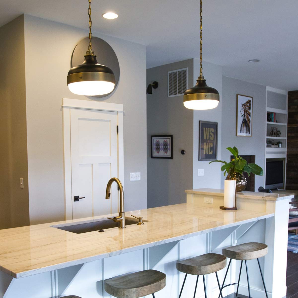 Contemporary Brass and Black Industrial Dome Pendant Light