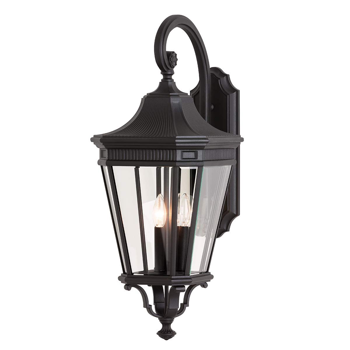 Elegant Matt Black Triple-Bulb Wall Lantern with Clear Glass Panels