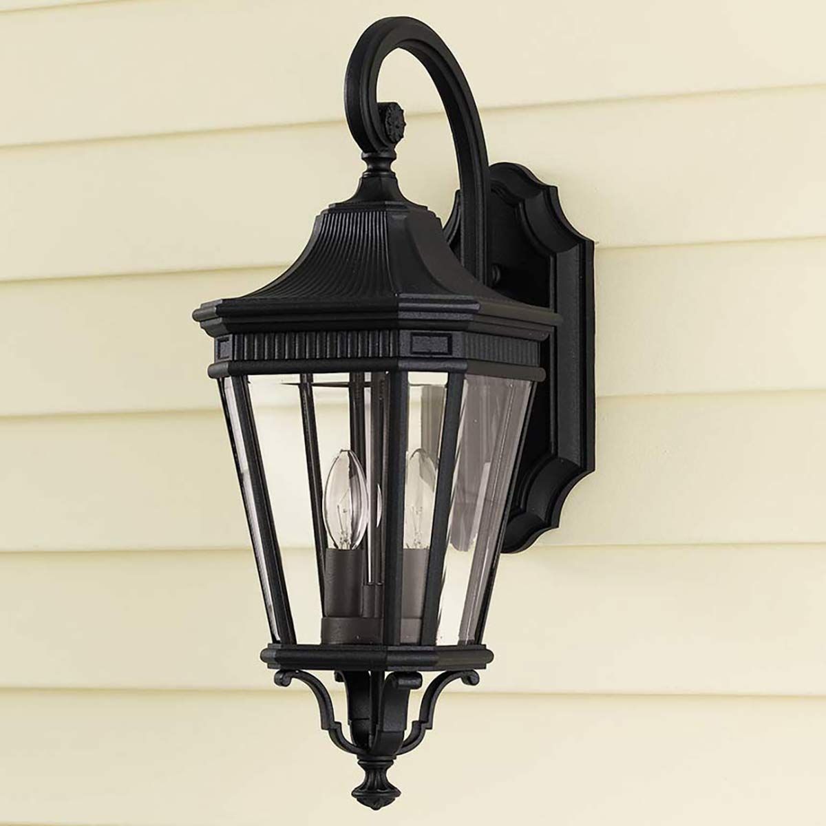 Elegantly Crafted Black Double-Bulb Wall Lantern with Clear Beveled Glass