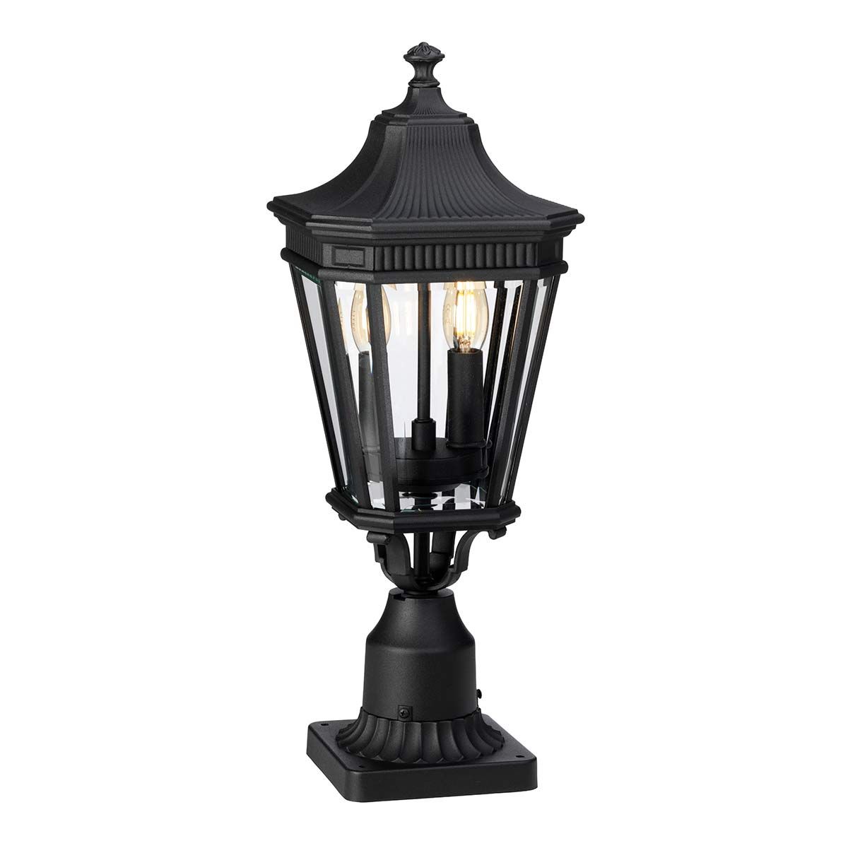 Victorian-Inspired Black Lantern Pedestal with Beveled Glass Details