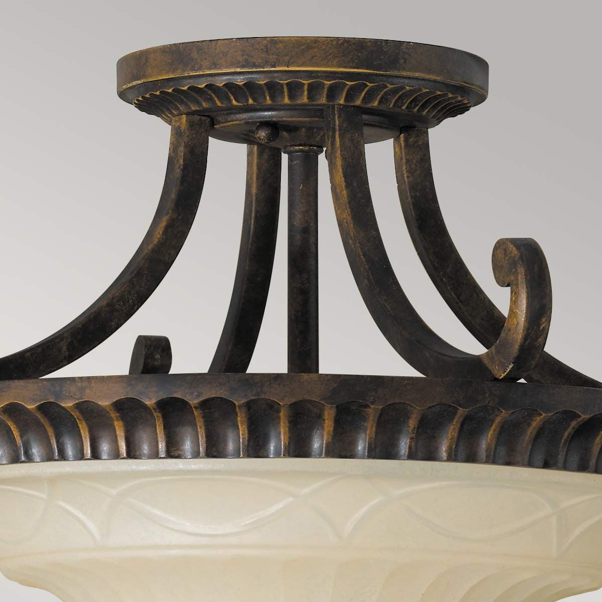 Edwardian Bronze Semi-Flush Ceiling Light with Scavo Glass and Walnut Finish