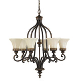 Edwardian-Style 6-Light Walnut Ceiling Chandelier with Amber Scavo Glass Shades