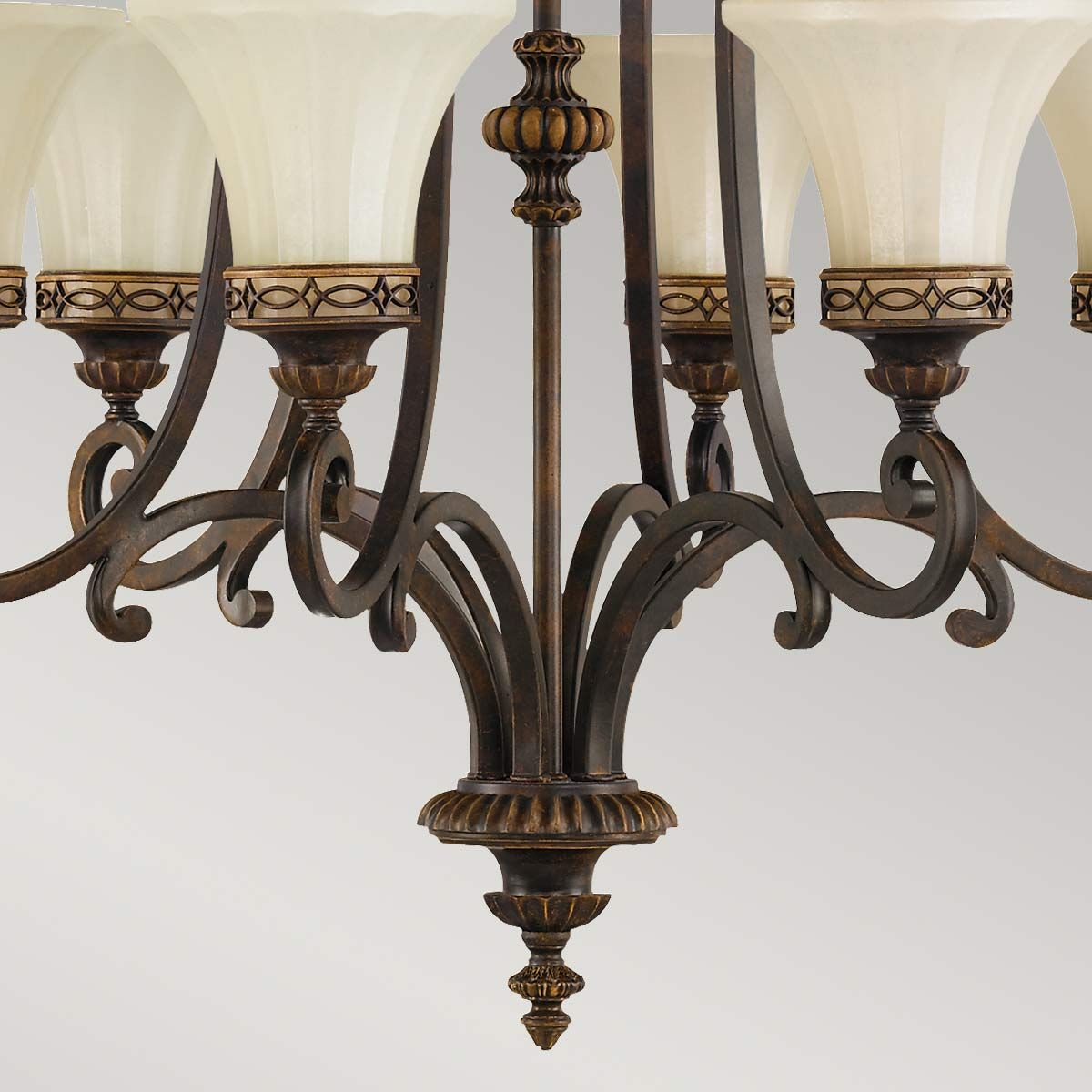 Edwardian-Style 6-Light Walnut Ceiling Chandelier with Amber Scavo Glass Shades