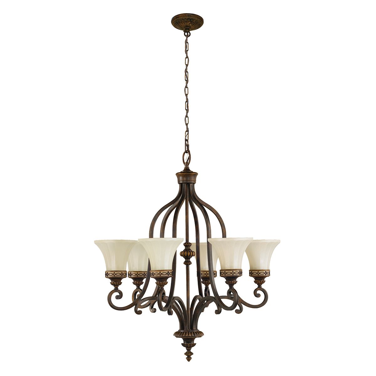 Edwardian-Style 6-Light Walnut Ceiling Chandelier with Amber Scavo Glass Shades