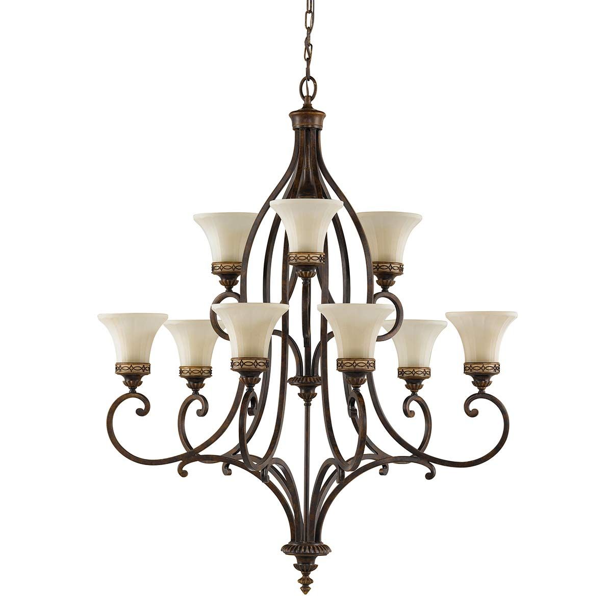 Georgian Bronze Twin-Tier Chandelier with Amber Scavo Glass and Walnut Finish