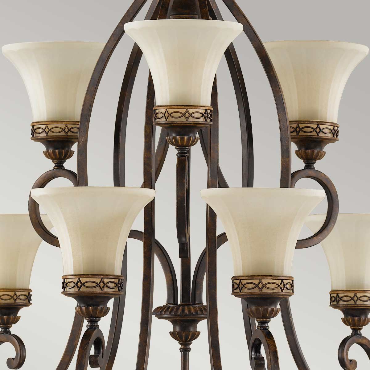 Georgian Bronze Twin-Tier Chandelier with Amber Scavo Glass and Walnut Finish
