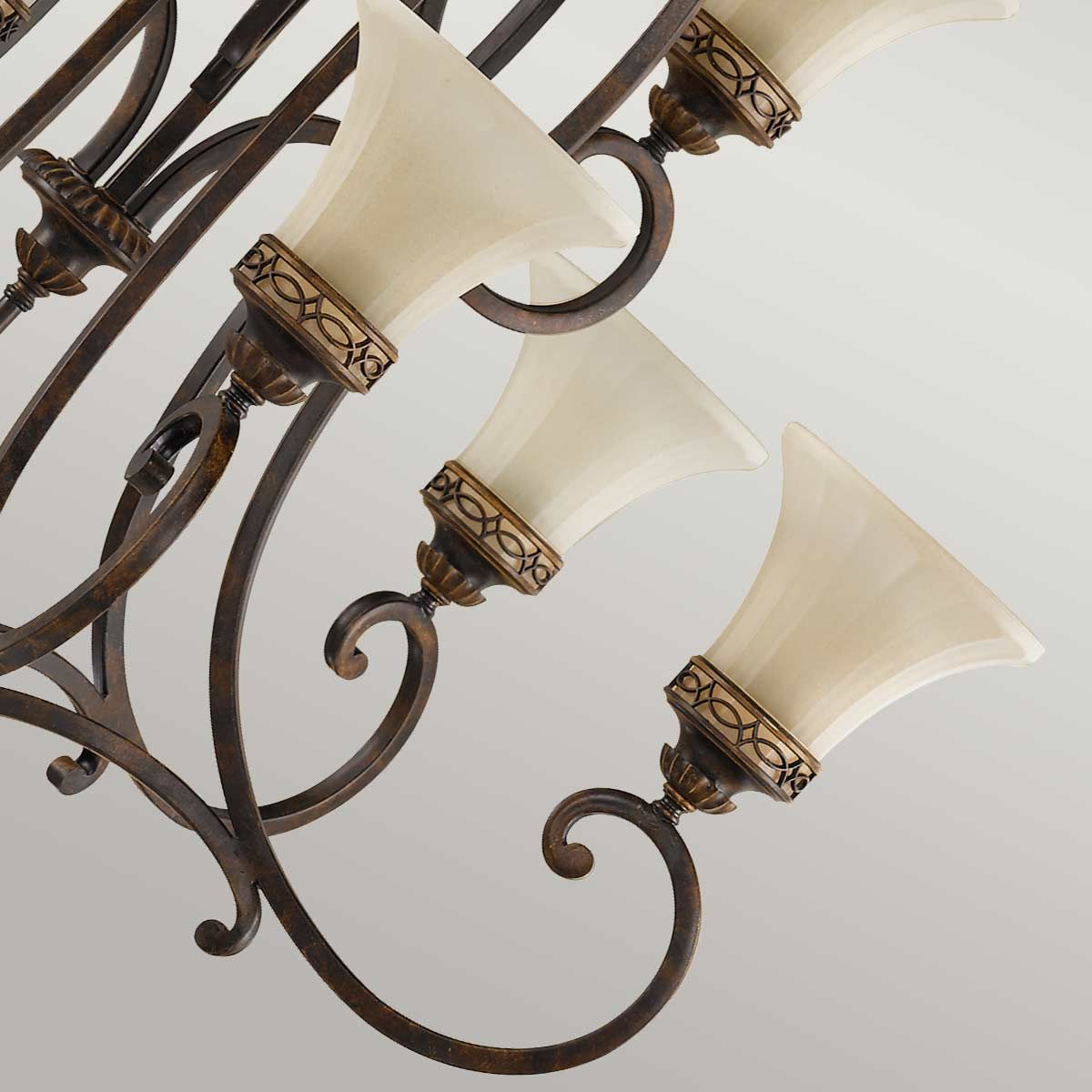 Georgian Bronze Twin-Tier Chandelier with Amber Scavo Glass and Walnut Finish