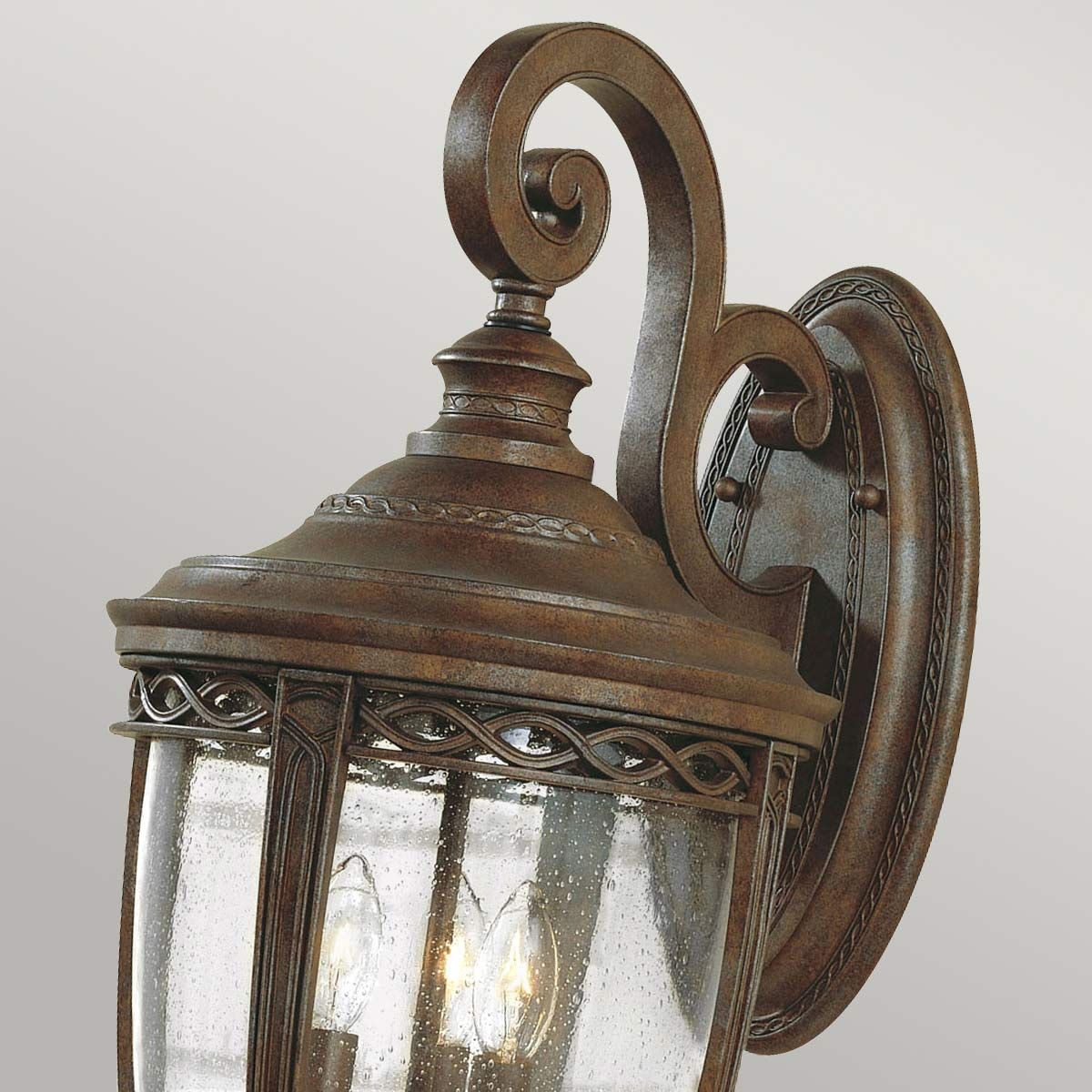 Grand English Bridle Aged Bronze Outdoor Wall Lantern with Seeded Glass