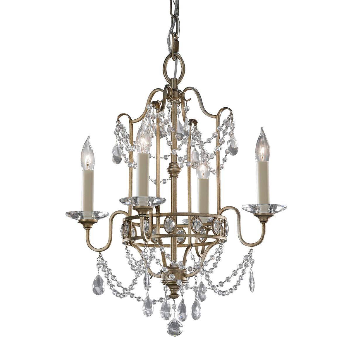 Vintage Elegance: Crystal-Embellished 4-Light Chandelier in Gilded Silver Finish
