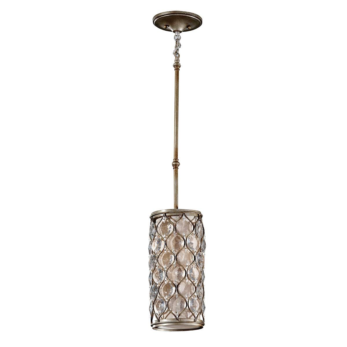Elegant Burnished Silver Crystal Cylinder Pendant Lamp with Bauhinia Accents