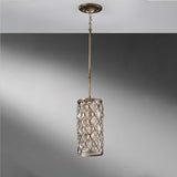 Elegant Burnished Silver Crystal Cylinder Pendant Lamp with Bauhinia Accents