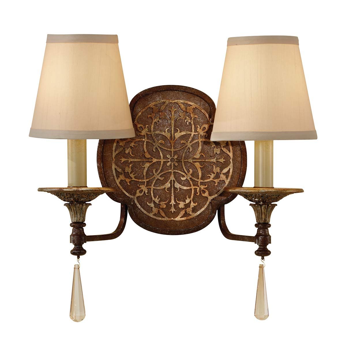 Bronze Filigree Twin Wall Sconce with Ornate Patterned Plate