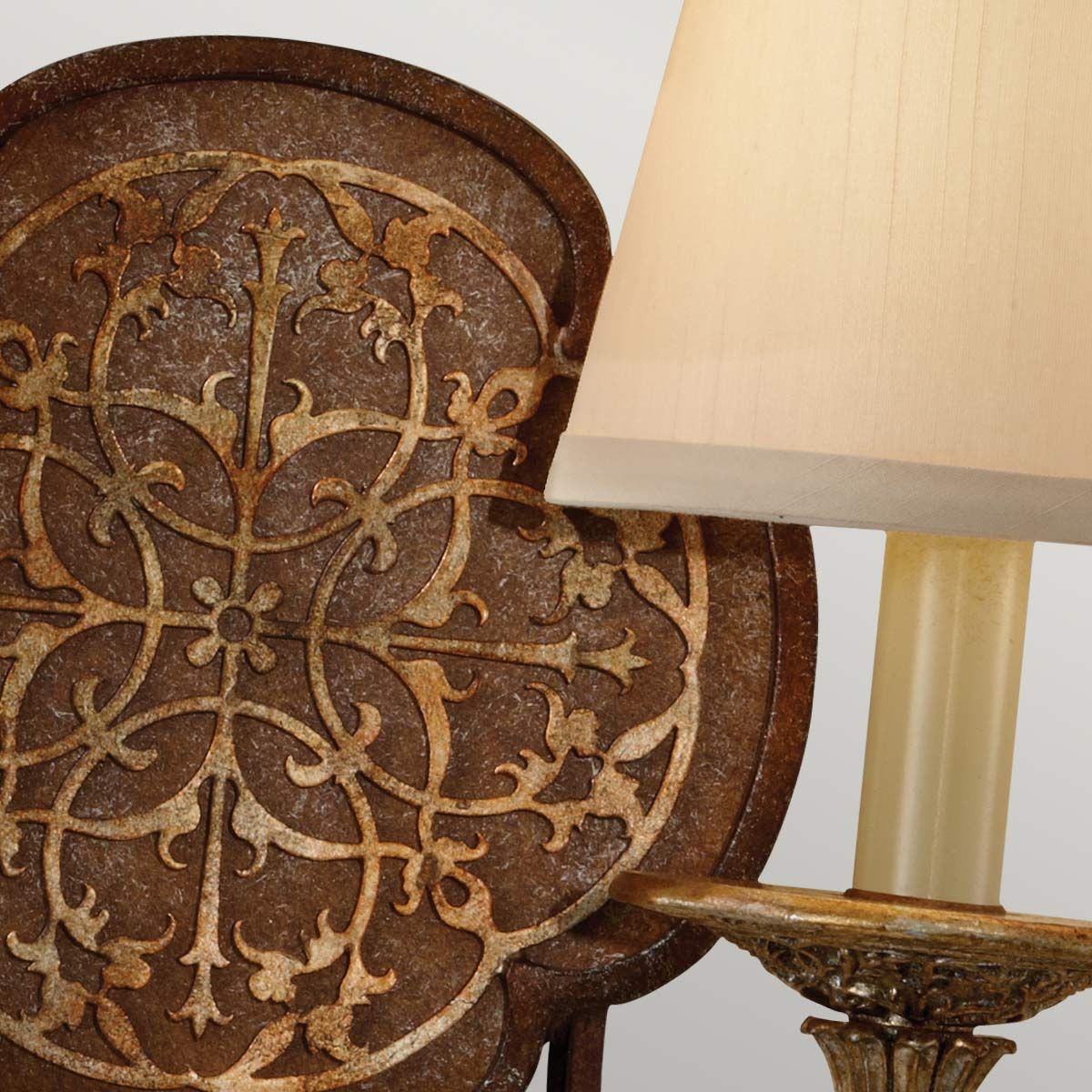 Bronze Filigree Twin Wall Sconce with Ornate Patterned Plate