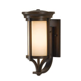 Bronze Geometric Wall Lantern with Cream Etched Tubular Glass Shade