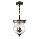 Vintage European Farmhouse Bronze Ceiling Lantern with Triple Candle-Style Bulbs and Speckled Glass Shade