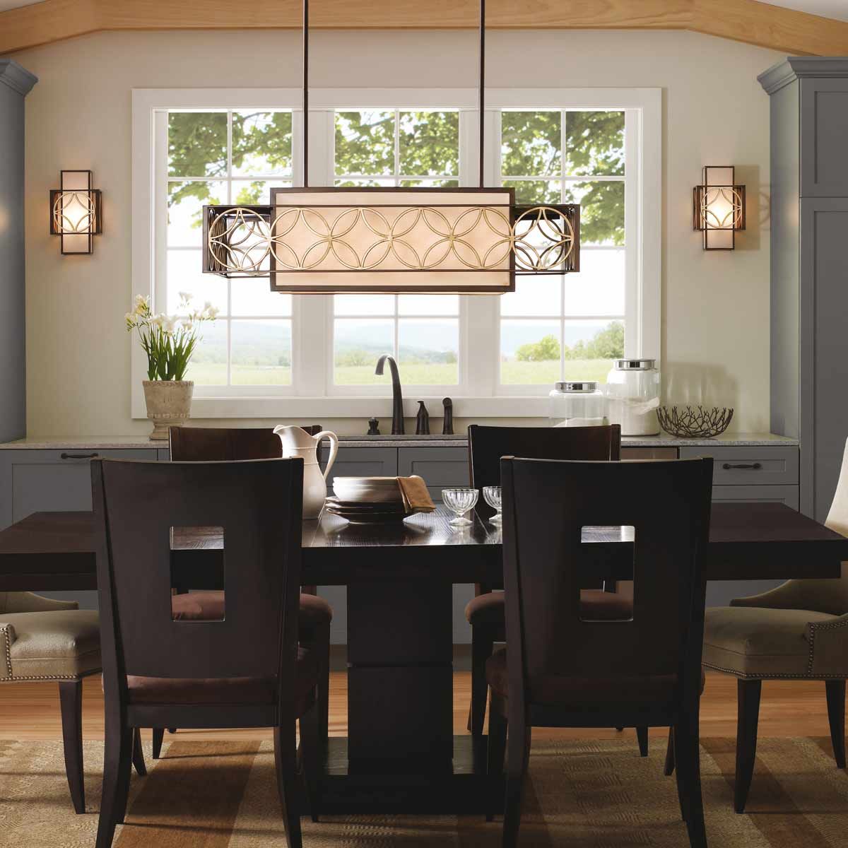 Elegant Island Bar Chandelier with Bronze Organza Shade and Parisienne Gold Accents