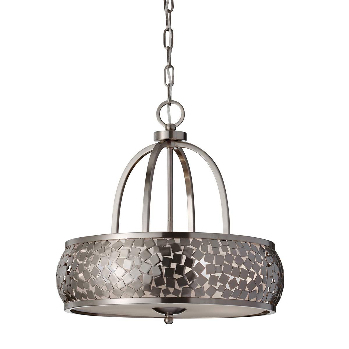 Contemporary Brushed Steel Chandelier with Hand-Welded Cut Metal and Glass Diffuser Design