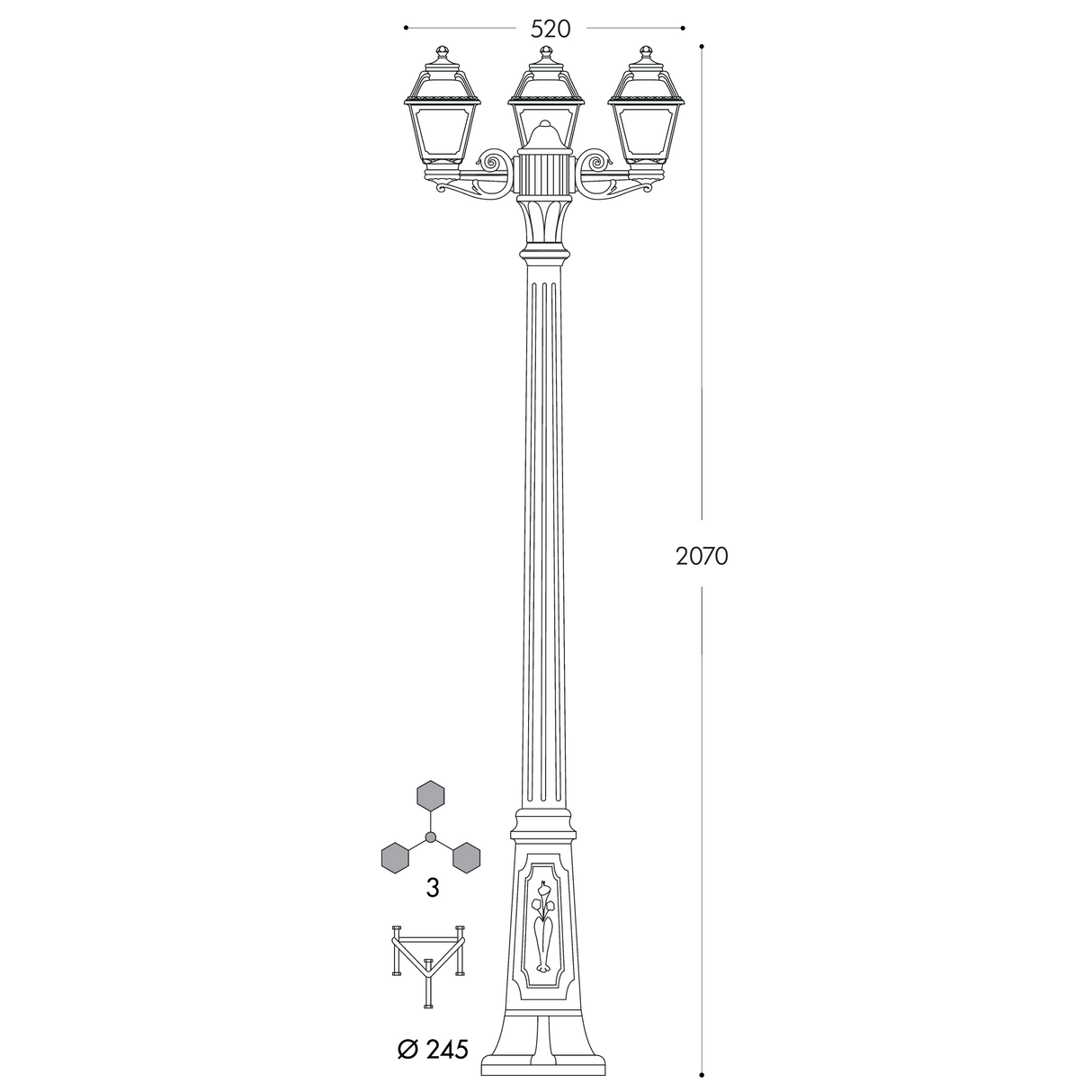 Mary Gigi Bisso 3L 3x6.5W E27 Filament LED 2700K, Classic Post Lantern, Black/Clear