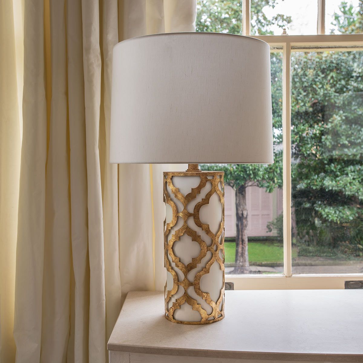 Arabella Distressed Gold Table Lamp with Cream Linen Shade