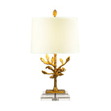Elegant Distressed Gold and Crystal Abstract Table Lamp with Cream Linen Drum Shade