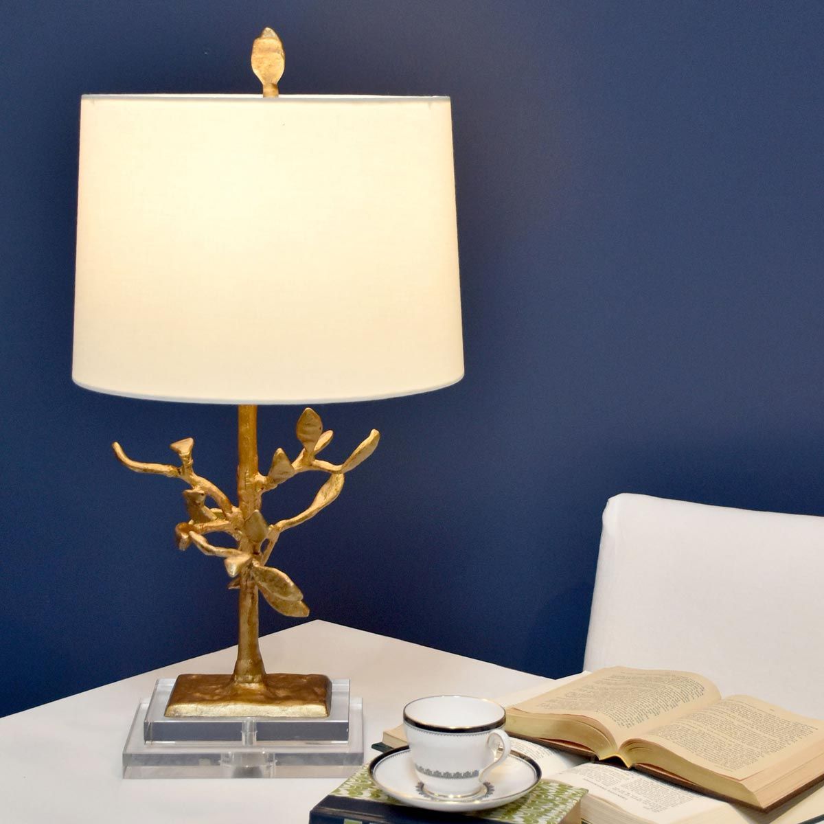 Elegant Distressed Gold and Crystal Abstract Table Lamp with Cream Linen Drum Shade