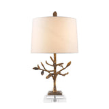 Elegant Distressed Gold and Crystal Abstract Table Lamp with Cream Linen Drum Shade