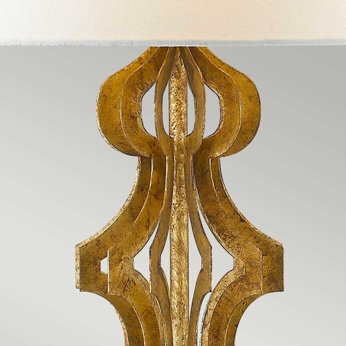 Elegant Octavia Table Lamp with Distressed Gold Frame and Cream Linen Shade on Dark Brown Base