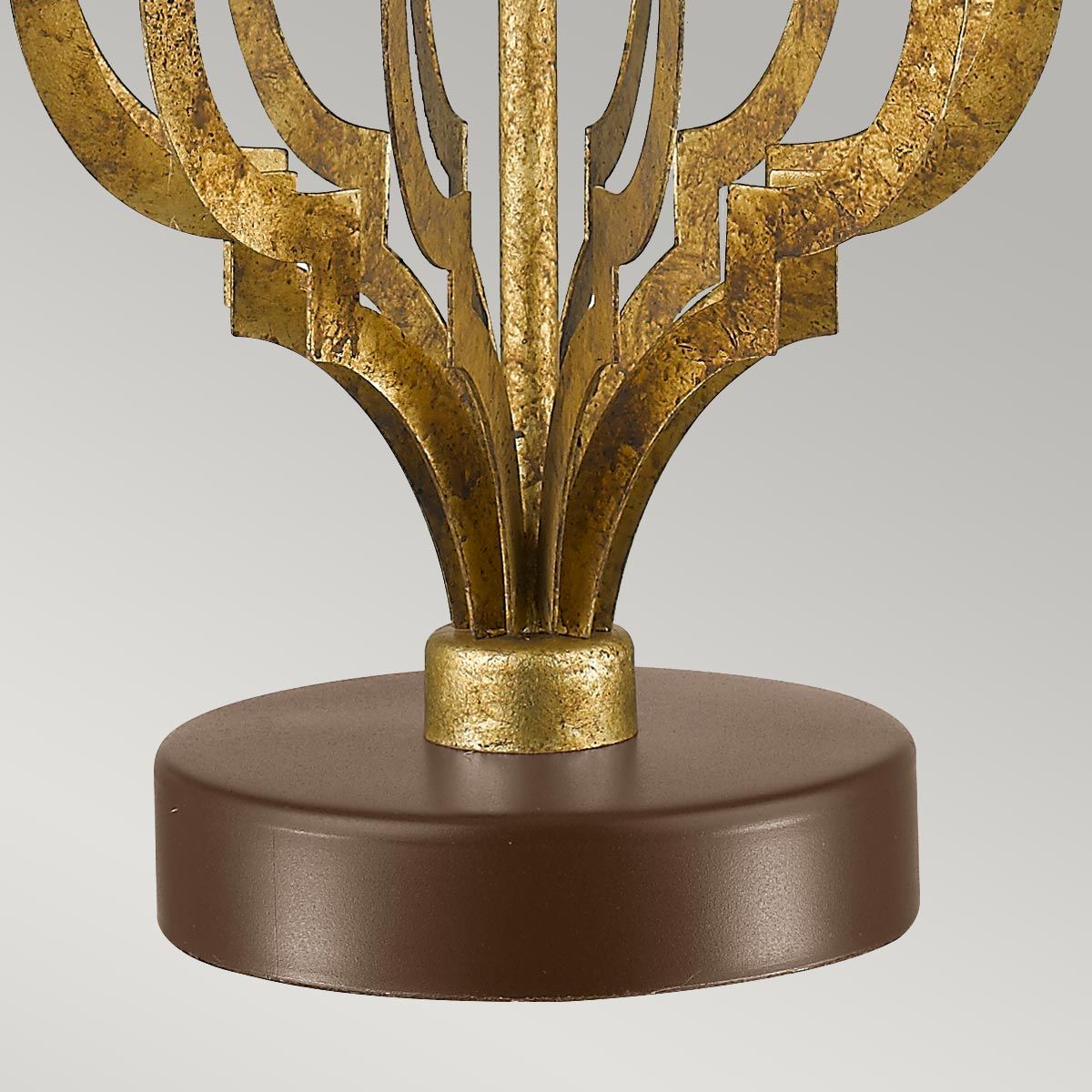 Elegant Octavia Table Lamp with Distressed Gold Frame and Cream Linen Shade on Dark Brown Base