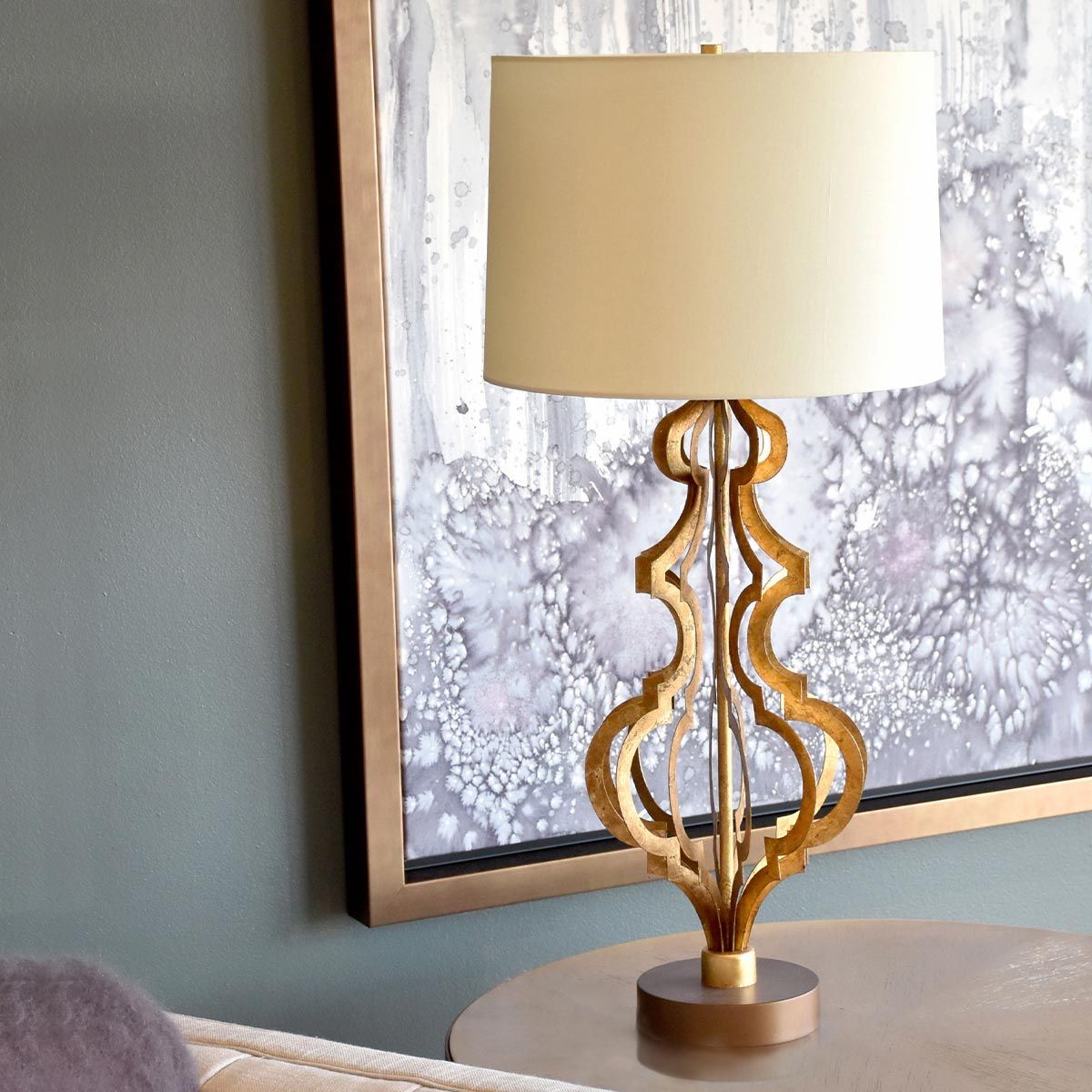 Elegant Octavia Table Lamp with Distressed Gold Frame and Cream Linen Shade on Dark Brown Base