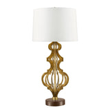 Elegant Octavia Table Lamp with Distressed Gold Frame and Cream Linen Shade on Dark Brown Base