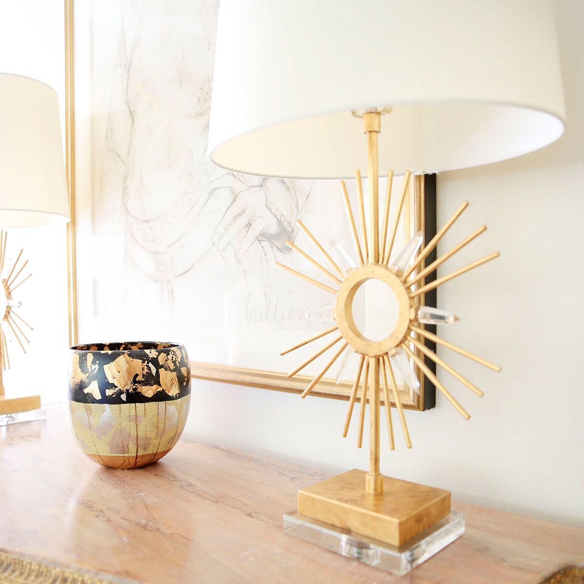 Sun King Distressed Gold Sunburst Lamp with Quartz Accents and Crystal Base