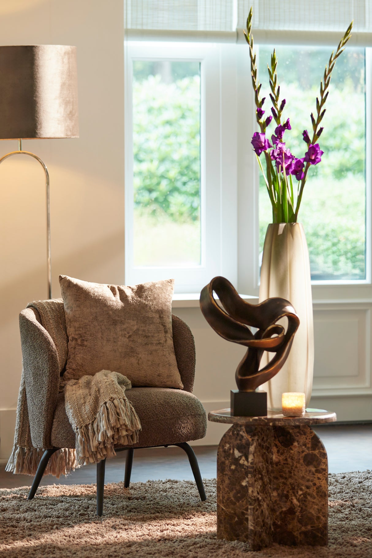 Marble Top Side Table - Dark Brown, Ø41x48 cm