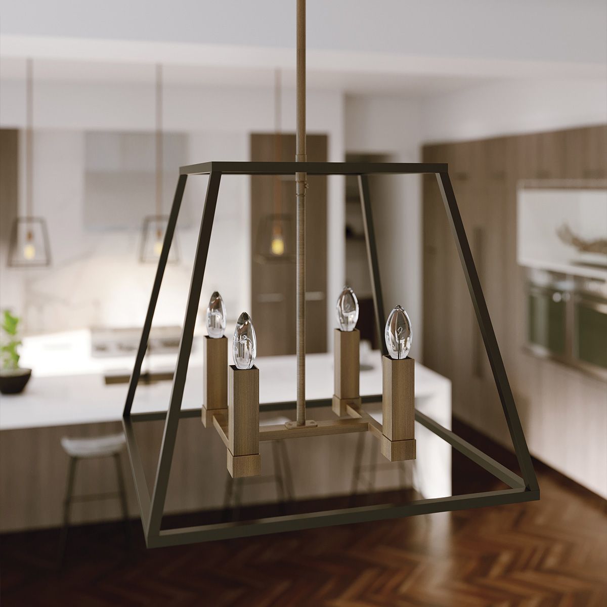 Fulton Industrial Bronze Square Cage 4-Light Pendant Chandelier