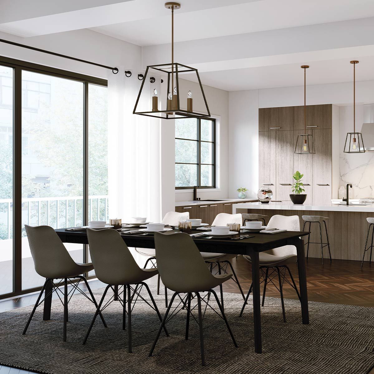 Fulton Industrial Bronze Square Cage 4-Light Pendant Chandelier