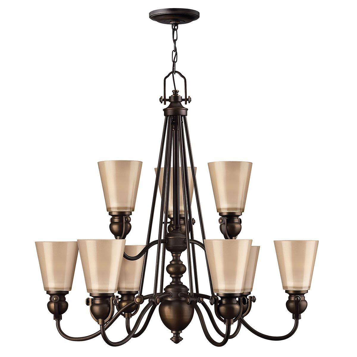 Elegant Bronze Mayflower 9-Light Chandelier with Amber Glass