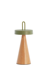 Elegant Olive Green LED Table Lamp with Natural Wood Base, 13x28.5 cm