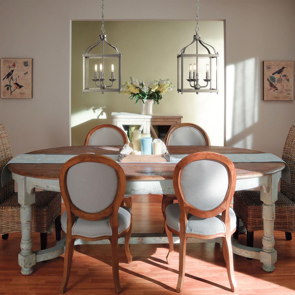 Vintage Victorian Larkin Dual-Bulb Brushed Nickel Pendant Chandelier