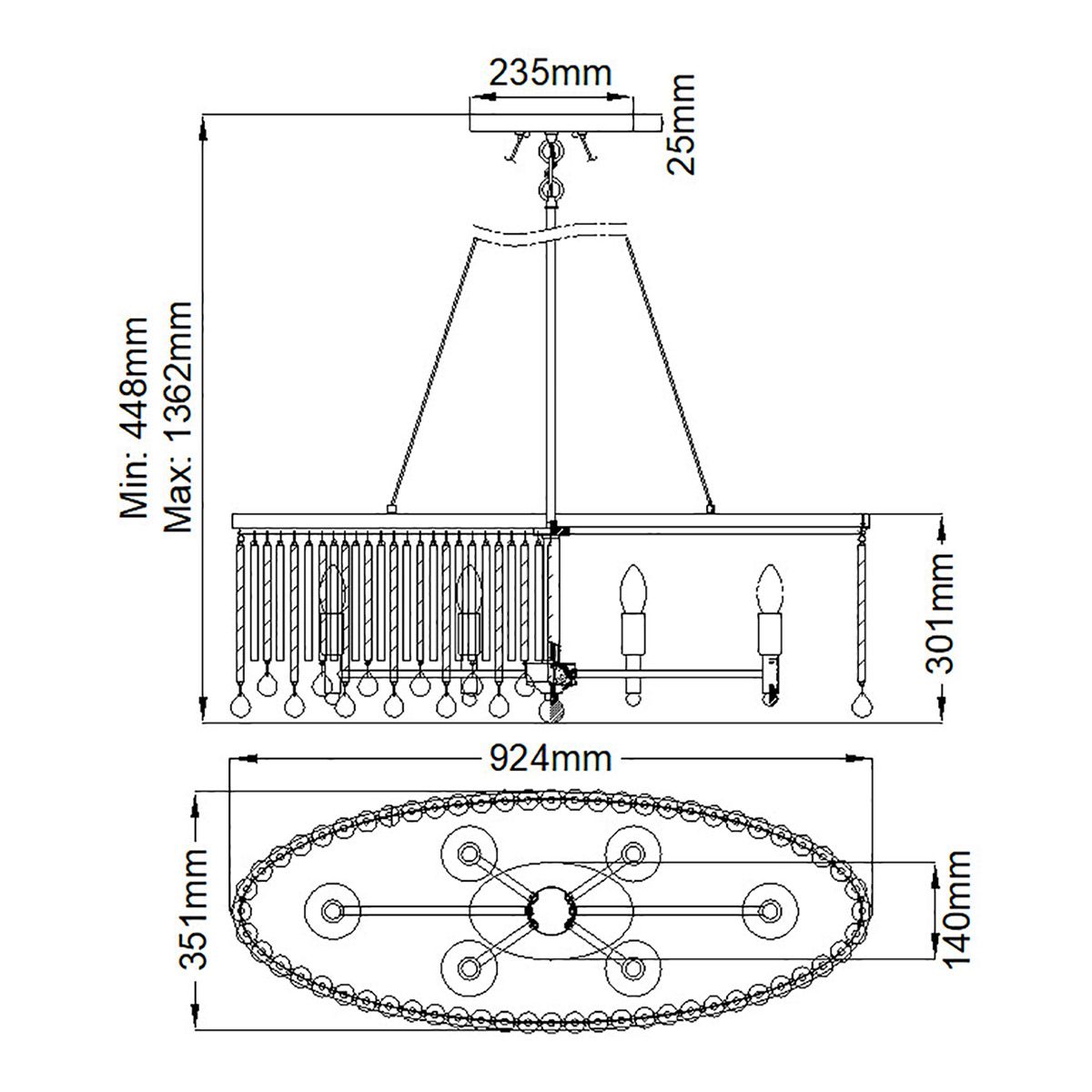 Piper 6 Light Polished Chrome Oval Chandelier with Crystal Accents