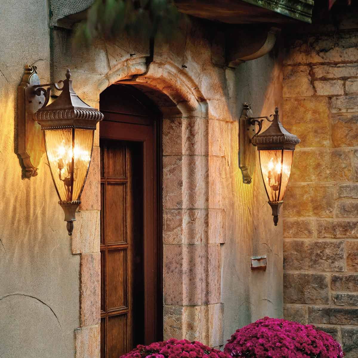 Venetian Rain Brushed Bronze Outdoor Wall Lantern with Triple Bulb Fixture