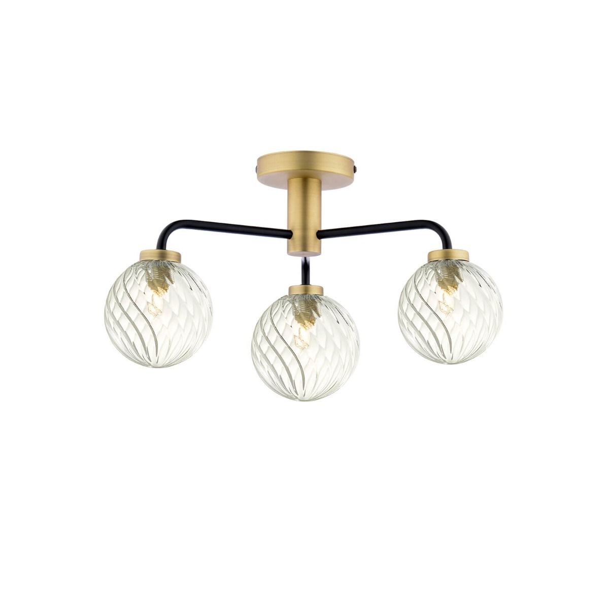 Lainey 3 Light Semi-Flush Matt Black and Antique Brass With Twisted Glass