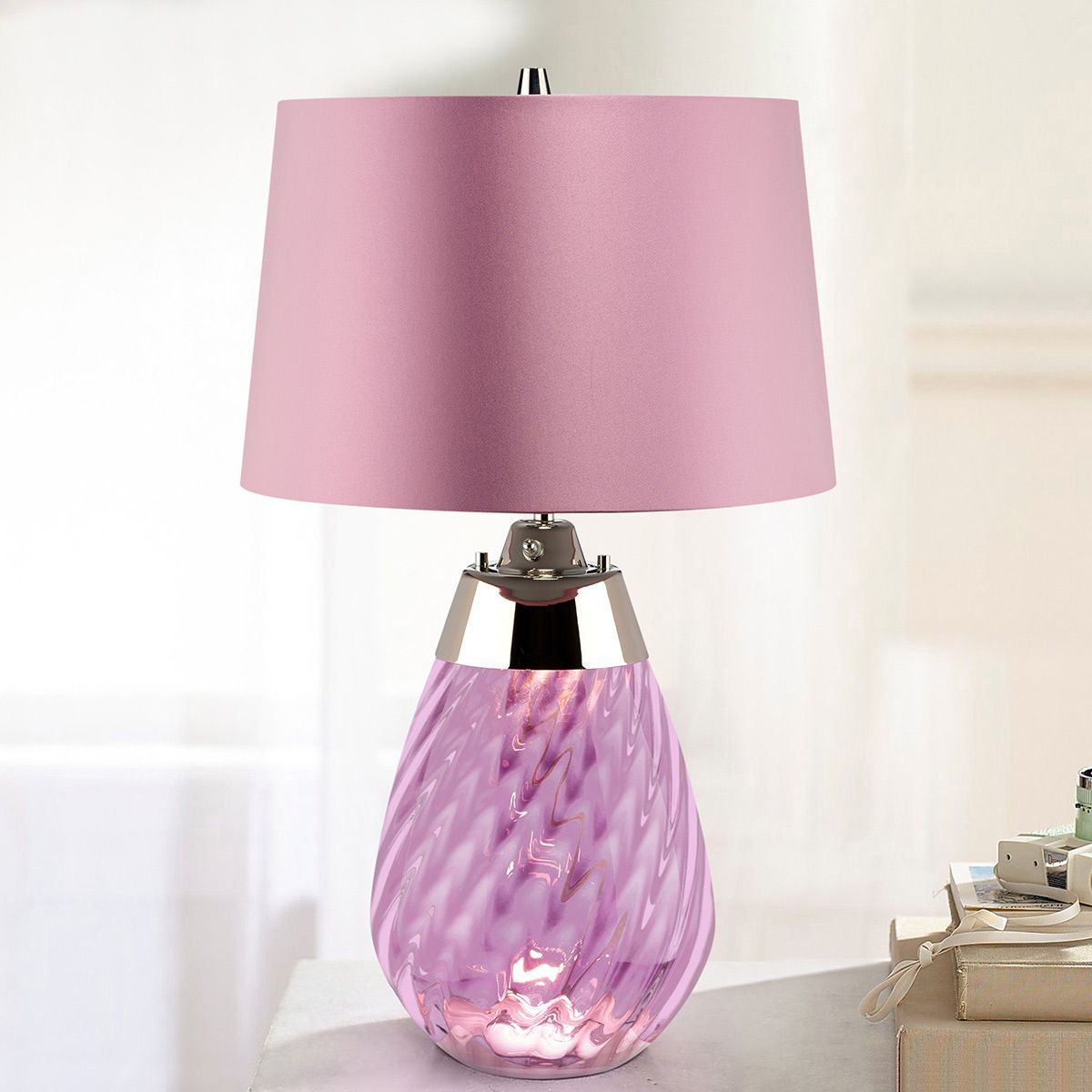 Lena Dual-Lit Plum Glass Table Lamp with Heather Shade