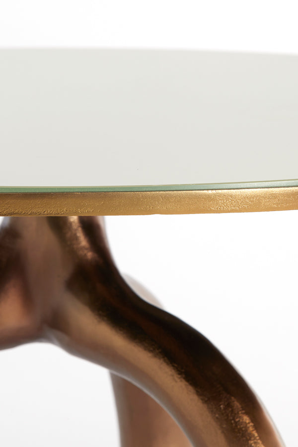 Round Coffee Table with Shiny Brown Bronze Base and Taupe Glass Top
