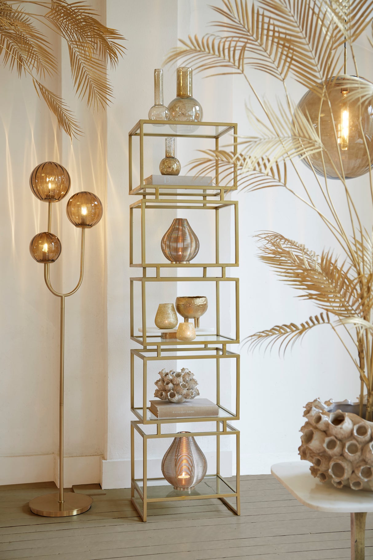 Elegant Magdala Floor Lamp with Brown & Gold Glass, 3L E14, 38x20x162 cm