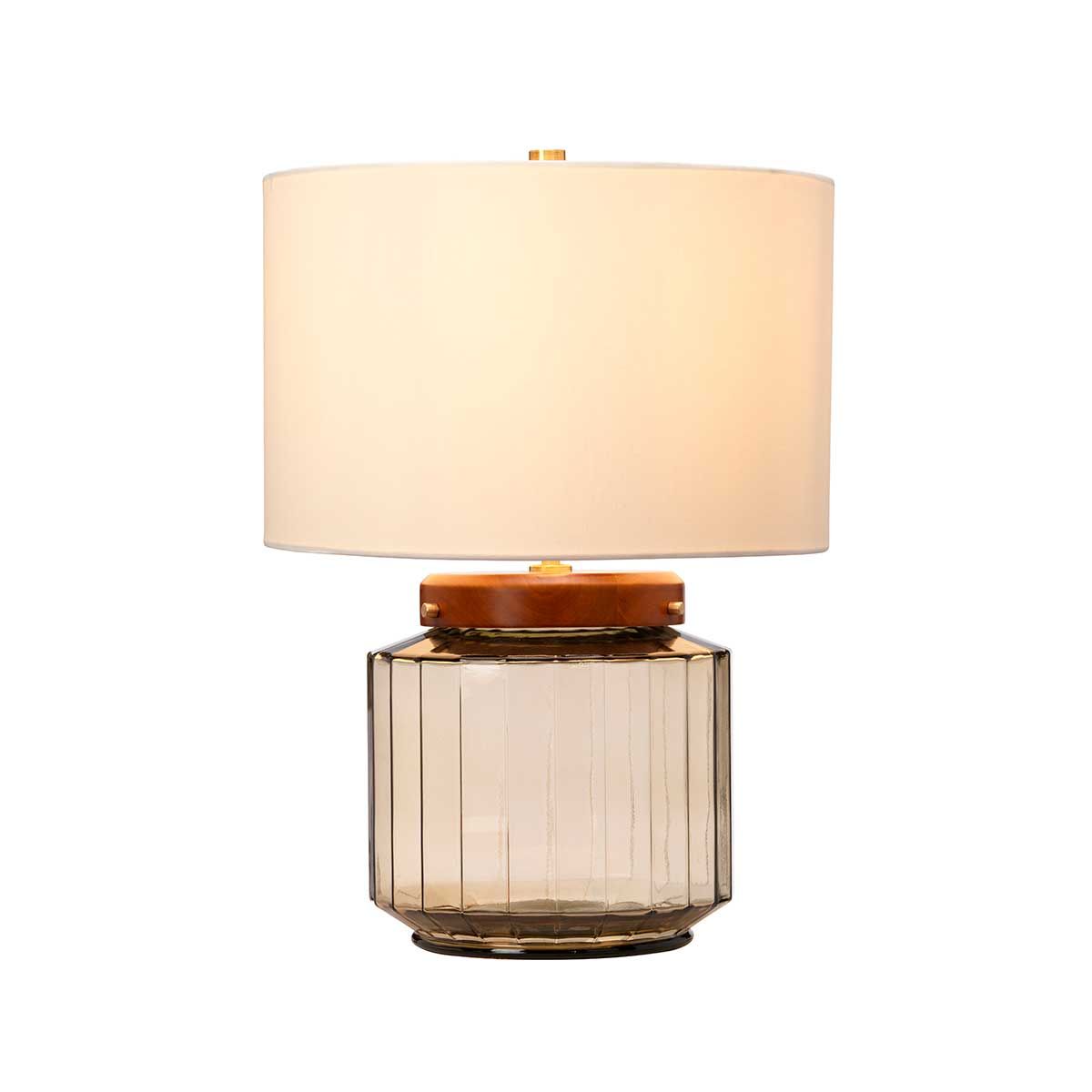 Luga Elegance: Aged Brass-Trimmed Smoke Glass Table Lamp