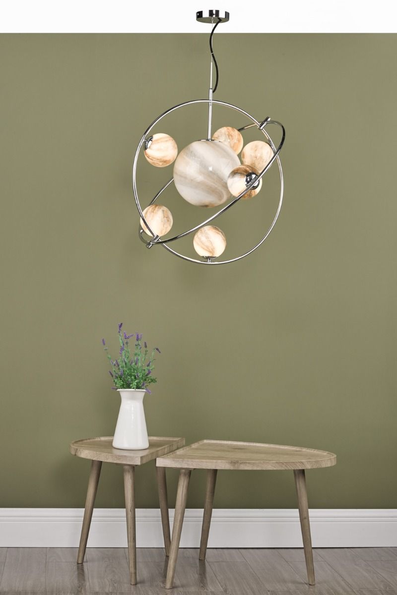Mikara 7 Light Pendant Polished Chrome Marble Effect Glass