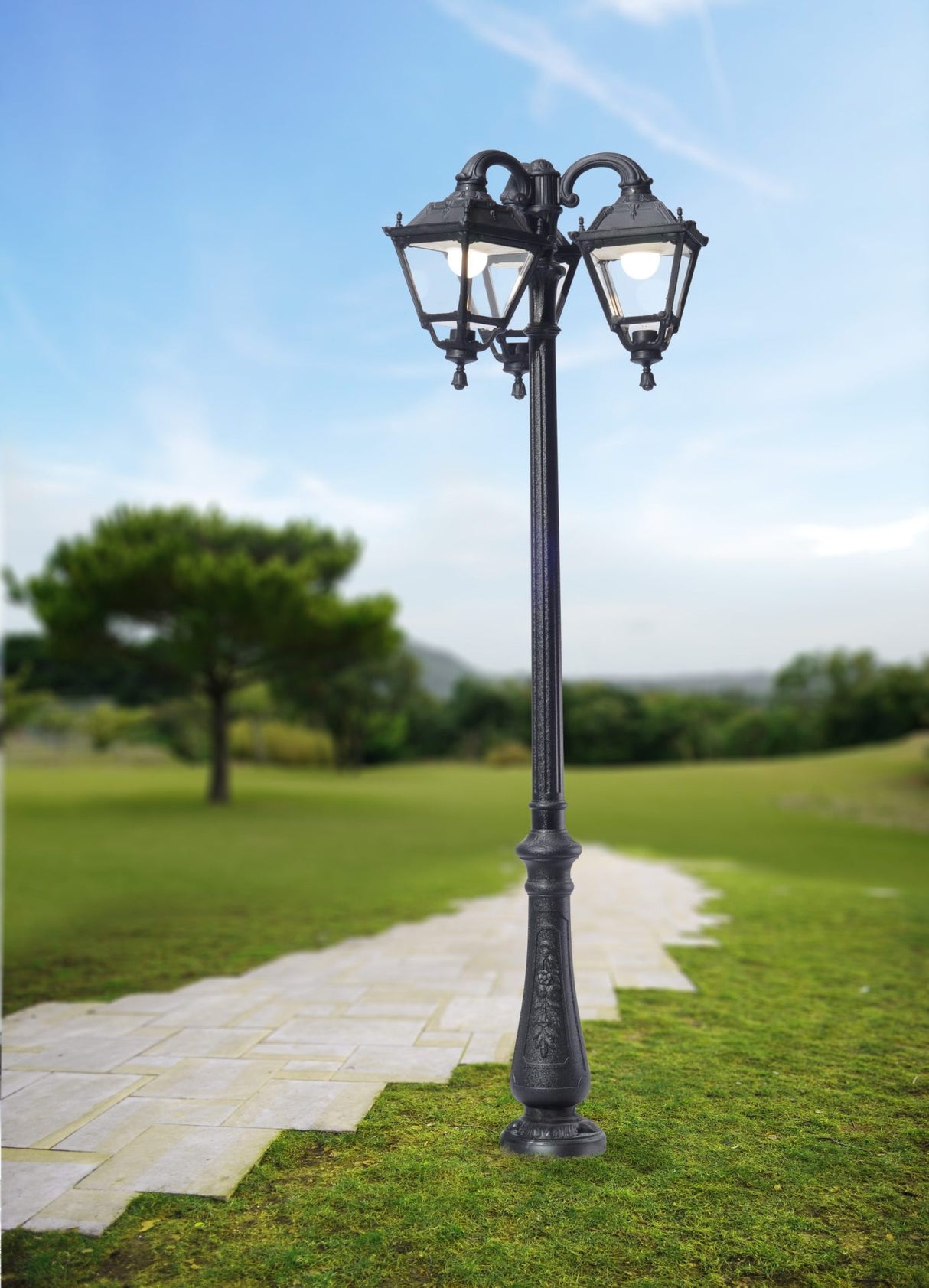 Tobia Nebo Ofir 3L E27 (No Lamp) Assembled, Classic Post Lantern, Black/Clear
